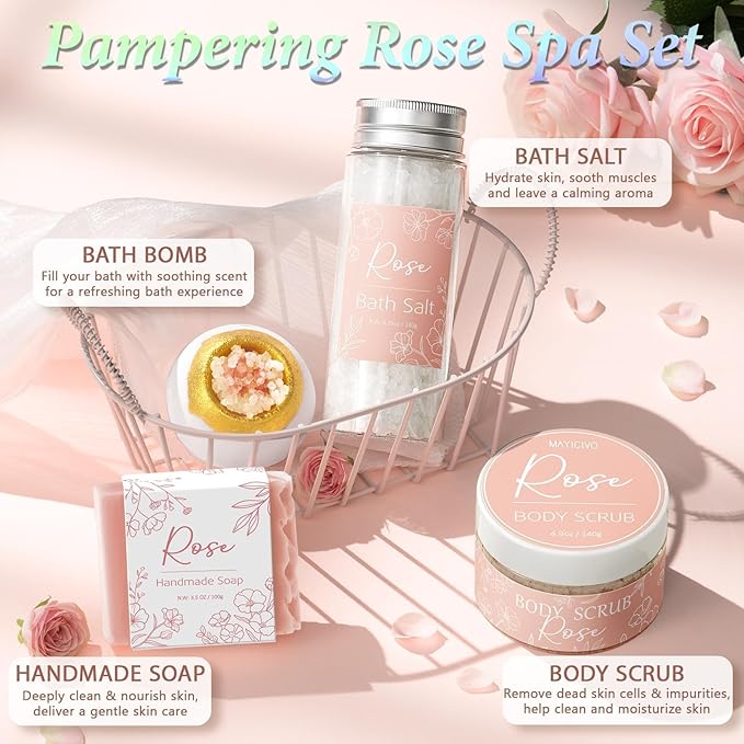 Spa Gifts for Women Bath Gift Set, Rose Relaxing Spa Gift Baskets Home Bath Set Self Care Kit Care Package Thank You Christmas Birthday Gifts for Women Mom Her Friends Sister Teen Girl Wife Grandma