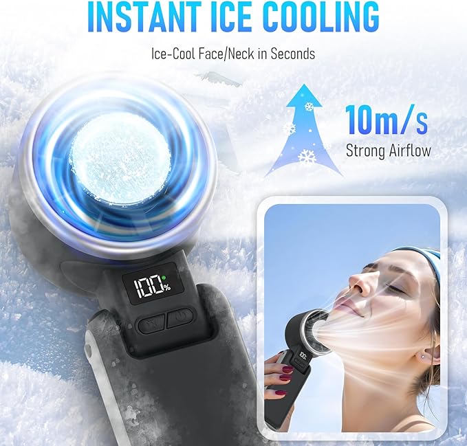 Portable Handheld Turbo Fan with Ice Cooling, Rechargeable Personal Fan, Up tp 12Hrs Cooling, 5 Speed 25550RPM Powerful Portable Fan for Travel, Outdoor, Camping, Hiking (Black)