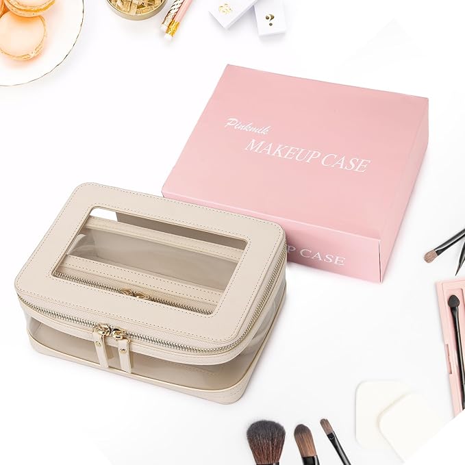 Pinkmik Clear Makeup Bag with Brush Case Travel Toiletry Bag Waterproof Cosmetic Organizer Car Essentials for Women (Beige, M+SLIM-1)