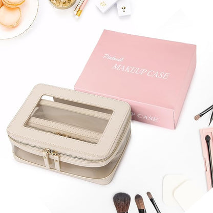 Pinkmik Clear Makeup Bag with Brush Case Travel Toiletry Bag Waterproof Cosmetic Organizer Car Essentials for Women (Beige, M+SLIM-1)