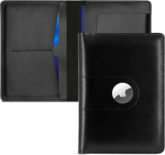 Genuine Leather Passport Holder for Travel Passport Covers with AirTag Slot Passport Wallets for Men Women Family Travel Christmas Gifts, Mens Womens Passport Holder, Black