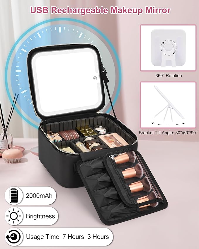 Relavel Initial Makeup Bag with LED Mirror for Women Girls, Personalized Travel Cosmetic Organizer Train Case, Birthday Gifts for Grandkids Bridesmaid Graduation Teacher Friends, Trendy Stuff, Black K