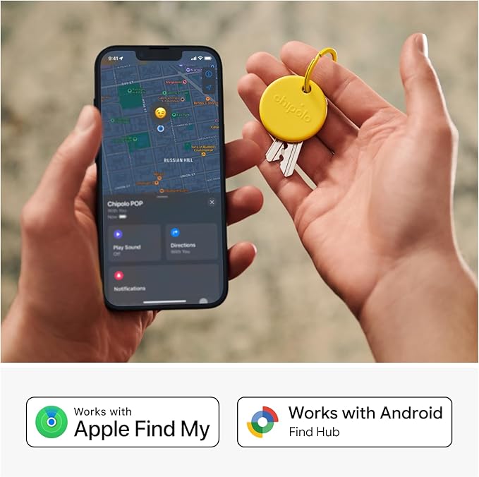 Chipolo POP Tracker Tag - Colorful, Compatible, Loud Bluetooth Tracker with Call Your Phone & Out of Range Alert, Works with Apple Find My or Google's Find My Device (Yellow)