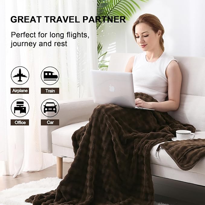 SOCHOW Travel Blanket for Airplane Train and Car, Soft Travel Blanket or Pillow 2 in 1 Compact with Portable Bag Pillowcase, Flight Blanket with Luggage Sleeve and Backpack Clip, Brown
