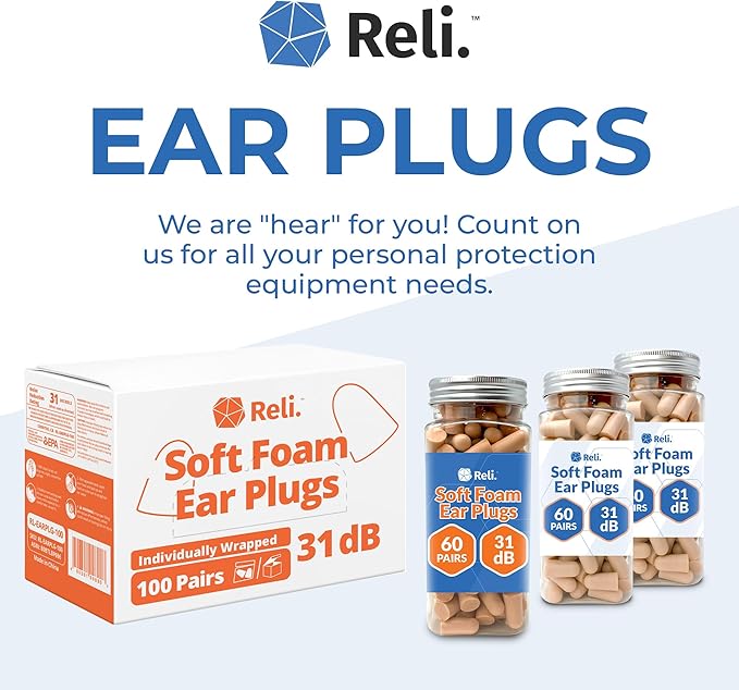 Reli. Foam Ear Plugs (100 Pairs Bulk), Individually Wrapped | 31 dB NRR | Disposable Foam Ear Plugs for Sleeping Noise Cancelling | Blocks Loud Noises for Snoring, Concerts, Travel (Peach)
