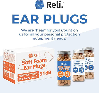 Reli. Foam Ear Plugs (100 Pairs Bulk), Individually Wrapped | 31 dB NRR | Disposable Foam Ear Plugs for Sleeping Noise Cancelling | Blocks Loud Noises for Snoring, Concerts, Travel (Peach)