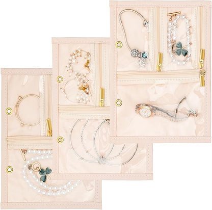 Leather Travel Jewelry Case Organizer,Jewelry Storage Book Binder with Clear Zipper Pouch & Lining-Portable Jewelry Bag for Earrings,Rings,Necklaces,Bracelets (3 PCS Beige- Inner Pages)