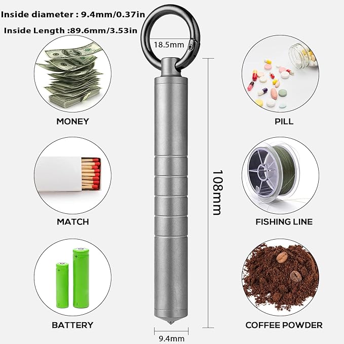 TISUR Small Travel Pill Box,Titanium Keychain Pill Holder Pill Case,Vitamin Organizer Metal Storage Pill Bottle Tube Container Multitool EDC Every Day Carry for Men