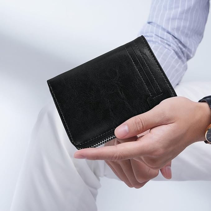 Minimalist Real Leather Wallet for Men with Zipper Card Holder and ID Window RFID Blocking Bifold Wallet (Black)