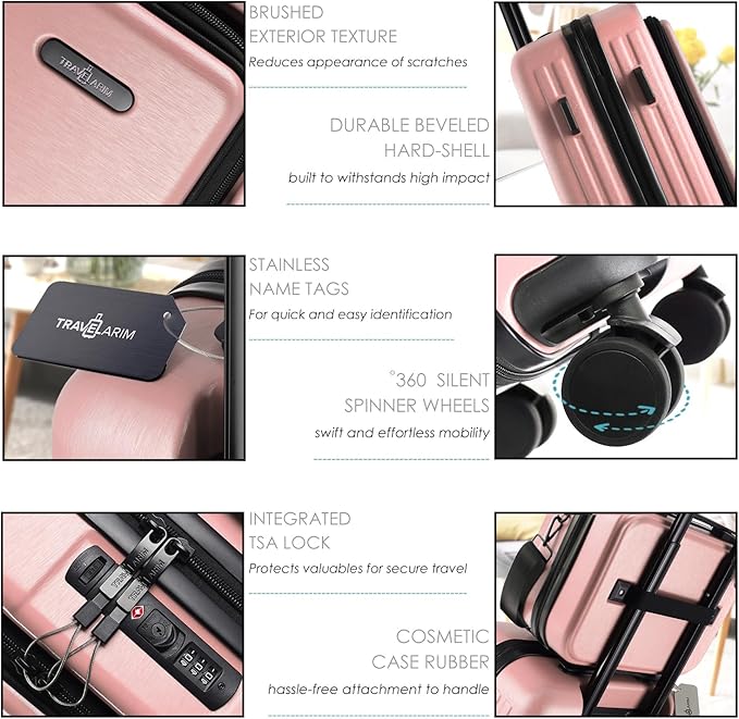 20 Inch Carry On Luggage 22x14x9 Airline Approved, Carry On Suitcase with Wheels, Hard-shell Carry-on Luggage, Durable Luggage Carry-On, Pink Small Suitcase with Cosmetic Case