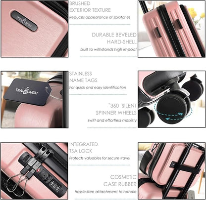20 Inch Carry On Luggage 22x14x9 Airline Approved, Carry On Suitcase with Wheels, Hard-shell Carry-on Luggage, Durable Luggage Carry-On, Pink Small Suitcase with Cosmetic Case