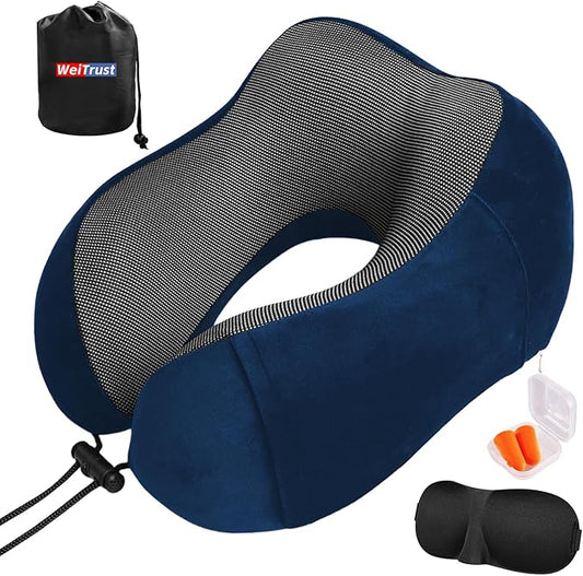 Travel Neck Pillow for Airplane, Memory Foam Travel Pillow for Long Flights & Car Rides - Ergonomic Support with Eye Mask & Ear Plugs (Blue and Gray)