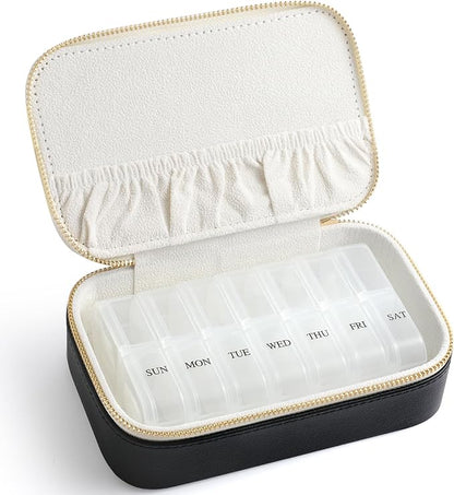 Genuine Leather Travel Pill Organizer Box Case 2 Times a Day for Purse for Women, Cute Medicine Pill Holder Containers for Vitamin Medium Weekly Daily 7 Day Am Pm Pill Organizer(Black)