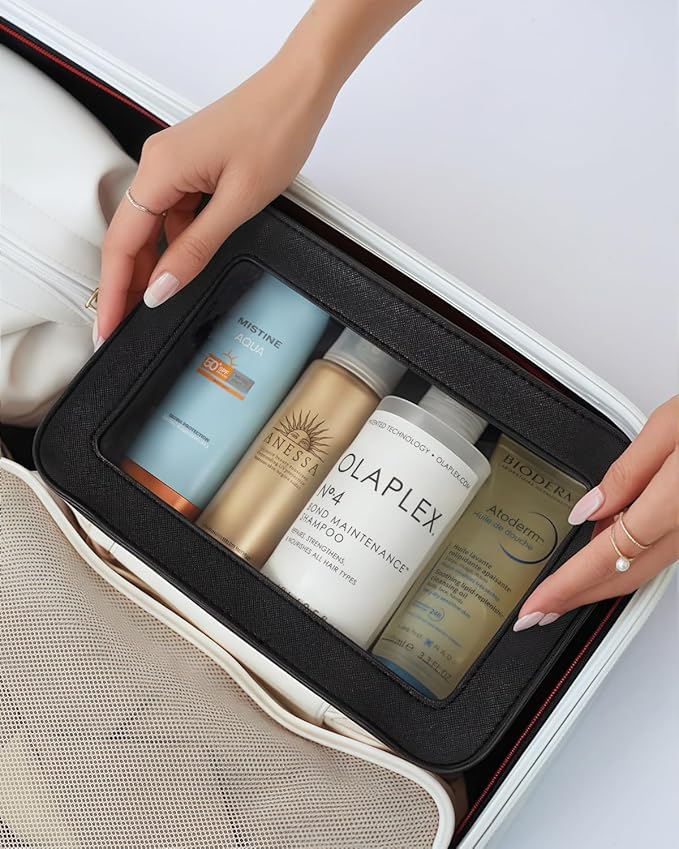 LETGO Clear Makeup Bag, Travel Cosmetic Case Toiletry Bag Make up Organizer Skincare Pouch for Women, Car Essentials Bag with Clear Windows (Black, Standard)