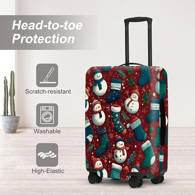 Christmas Luggage Cover - Allover Green Socks and White Snowmen Pattern on Dark Background, Stretchable Suitcase Protector for 32 34 Inch Travel Bags