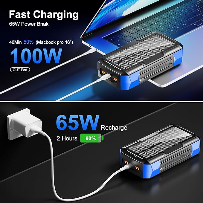 Solar Charger Power Bank 73200mAh, Portable Laptop Charger with 100W USB-C in/Output, Built-in Cables, Hand Crank Power Bank for Mobile Phones, Ideal for Outdoor Use with SOS/Strobe/Strong (blue)