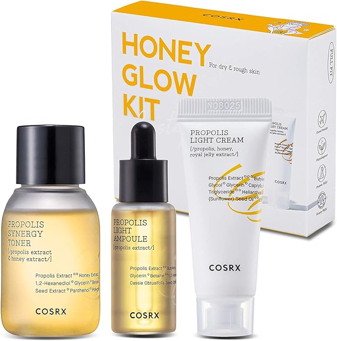 COSRX Honey Glow Kit, Korean Skin Care Set with Propolis Facial Toner, Serum, & Cream, Mini Travel Essentials, Moisture, Hydration, Nourishment, Travel Size Gift, Stocking Stuffers, Holiday Gift set