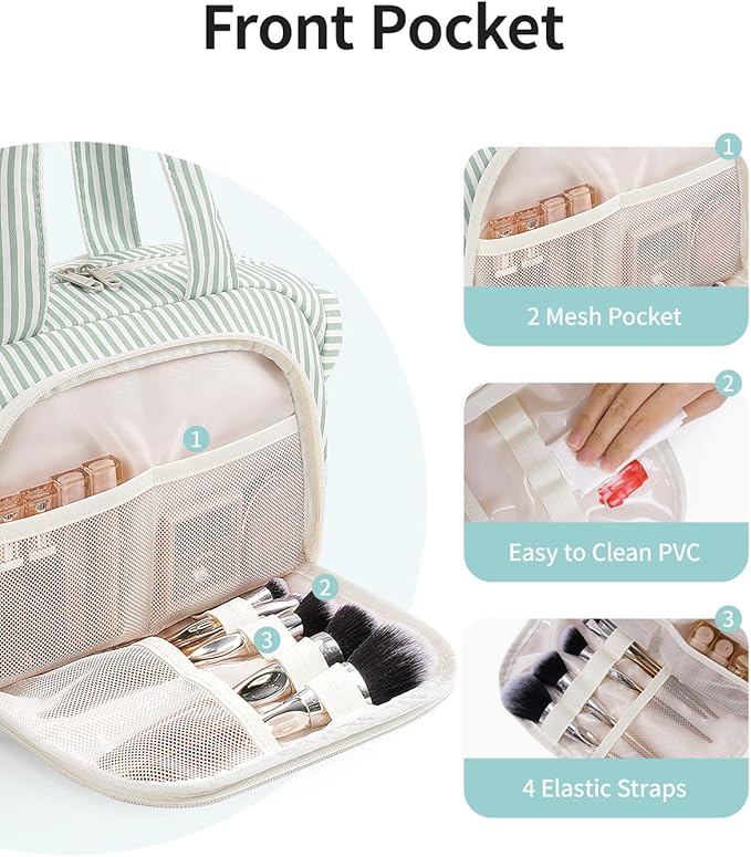 Narwey Travel Toiletry Bag, Wide-open Large Toiletry Bags for Traveling Women, Checkered Travel Bag for Toiletries Cosmetic Makeup Bag Organizer, Skincare Make Up Bag (Mint Green Stripe)