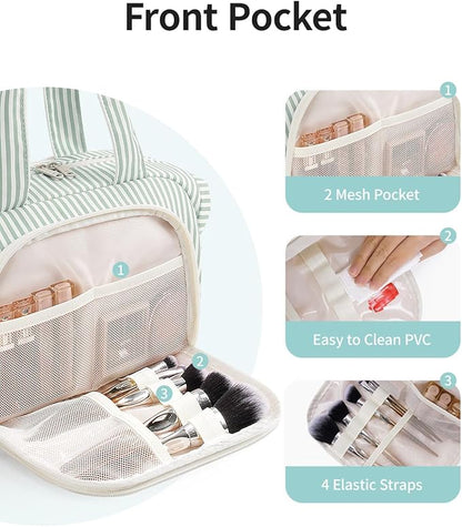 Narwey Travel Toiletry Bag, Wide-open Large Toiletry Bags for Traveling Women, Checkered Travel Bag for Toiletries Cosmetic Makeup Bag Organizer, Skincare Make Up Bag (Mint Green Stripe)