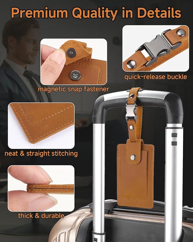 Premium Genuine Leather Luggage Tags for Suitcases - Quick Release, Privacy Protection, Elegant and Durable, Travel Essential Luggage Tag - 2 Pack Brown