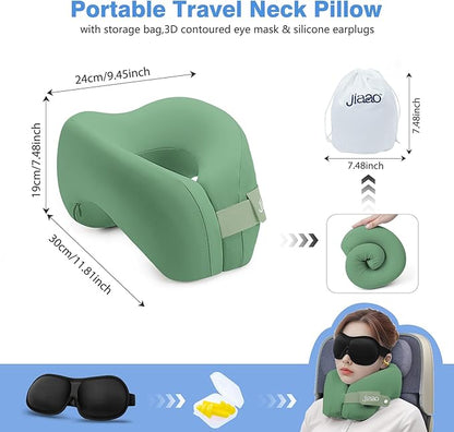 jiaao Neck Pillow Airplane, Memory Foam Travel Neck Pillows for Long Flight, 3D Eye Masks, Ear Plugs and Portable Drawstring Bag, Napping Pillow for Home, Road Trips, Sleep Rest and Travel Use