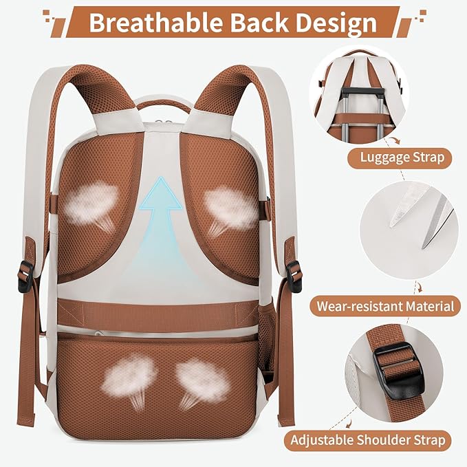 ZOMFELT Travel Backpack for Men, Carry on Backpack, TSA 17.3 inch Laptop Backpack Flight Approved, Personal Item Travel Bag Nurse Bag Casual Daypack for Weekender Business Trip, Khaki White