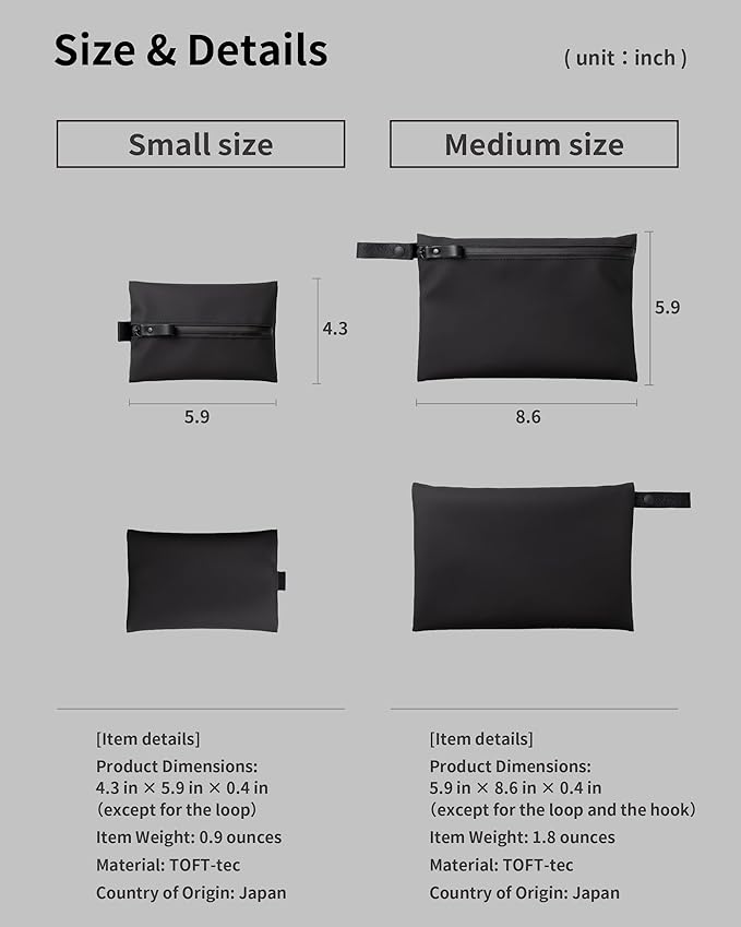 Water-Resistant Zipper Pouch, Made in Japan, Compact Organizer for Cords & Essentials, Multipurpose Bag for Cosmetics, Travel Accessories & Toiletries, Eco & Durable Materials, TOFTPOUCH, Small, Black