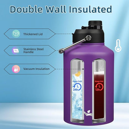 1 Gallon Jug with Handle,128 oz Insulated Water Bottle with Carrying Pouch, Double Wall Vacuum Stainless Steel Metal Bottle,Purple