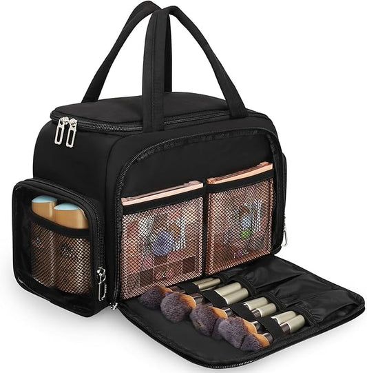 Travel Makeup Bag, Lightweight Wide-open Toiletry Bag for Women, Portable Cosmetic Bag Organizer with Handle for Accessories, Brushes Set, Travel-Sized Container for Trip, Camping - Black