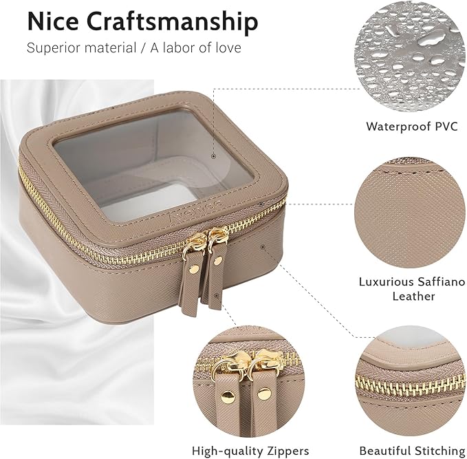 Aveniee Mini Clear Makeup Bag, Small Cosmetic Bags Travel Toiletry Pouch Organizer, TSA Approved Make up Case with Zipper, Car Bag for Essentials,Taupe