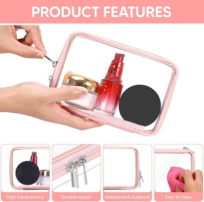 2 Pcs Clear Hard Zipper Case, Hard PC Plastic Cosmetic Travel Bag, Portable Travel Organizer Bins, Durable Makeup Bags for Toy Storage, Pencil Case(Pink Zipper)