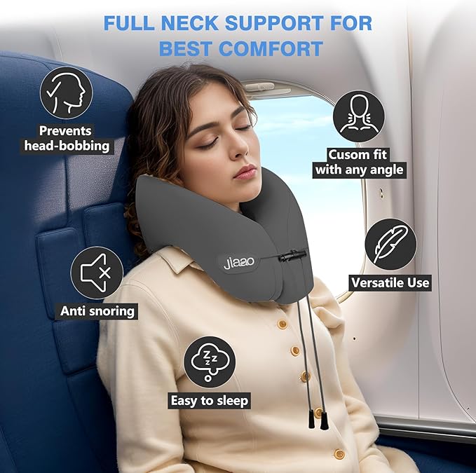 jiaao Upgraded Middle Memory Foam Travel Neck Pillow for Airplane- 360° Ergonomic Head and Neck Support for Flight, Car, Train, Bus - Soft Travel Pillow for Side & Back Sleepers with Travel Pouch