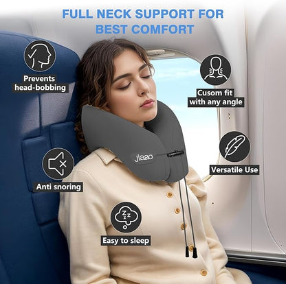 jiaao Upgraded Middle Memory Foam Travel Neck Pillow for Airplane- 360° Ergonomic Head and Neck Support for Flight, Car, Train, Bus - Soft Travel Pillow for Side & Back Sleepers with Travel Pouch