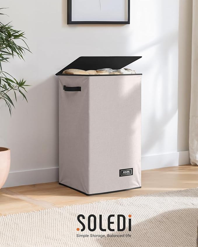 SOLEDI Laundry Hamper with Lid 90L Large & Tall Collapsible Laundry Basket, Clothes Hamper with Bag Removable Easy to Carry, Dirty Hampers for Bedroom, Bathroom, Dorm, College, Light taupe