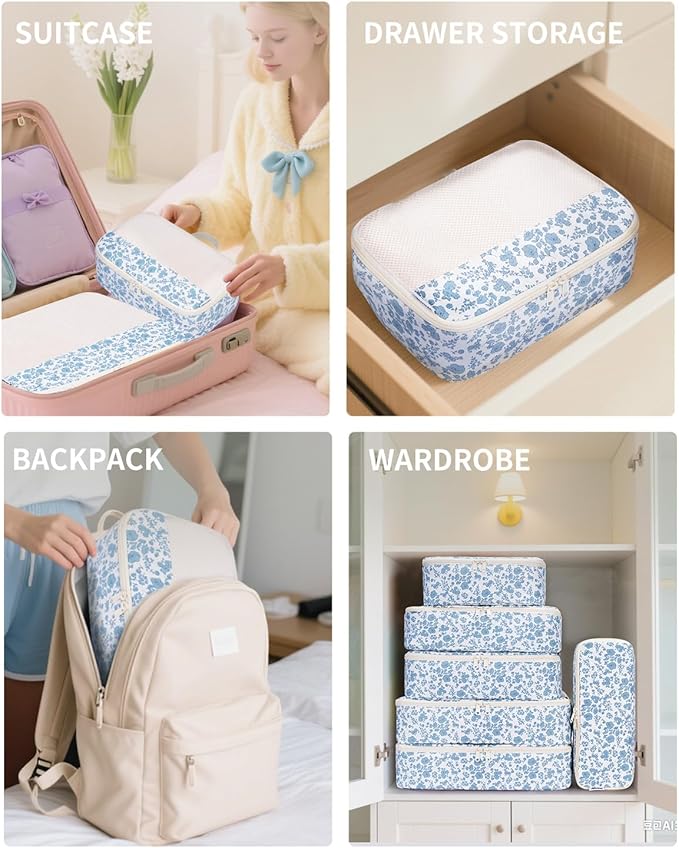 Narwey 7 Set Floral Packing Cubes for Travel Carry on Suitcase Luggage Organizer Bags for Kids Women Men, Durable Packing Organizers Bag, Travel Essentials Accessories (Little Blue Flower)