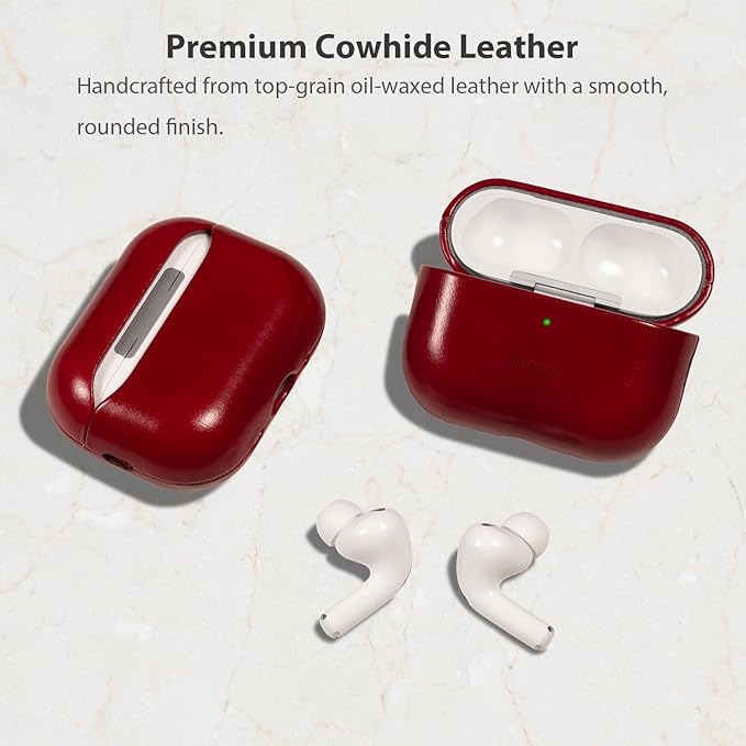 Belemay Handcrafted Oil-Waxed Leather Case for AirPods Pro 3rd Gen (2025), Genuine Cowhide, Smooth Glossy Lively Two-Tone Patina, Compatible with MagSafe, Compatible with Airpods Pro 3, Crimson Red