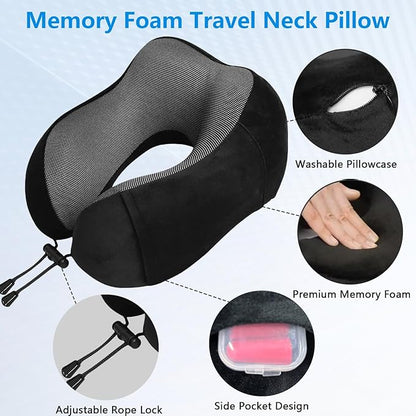 Travel Neck Pillow for Airplane, Memory Foam Travel Pillow for Long Flights & Car Rides - Ergonomic Support with Eye Mask & Ear Plugs