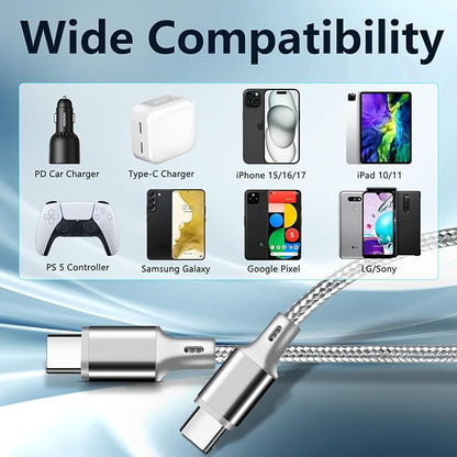 USB C to USB C Charger Cable, 5 Pack [3/3/6/6/10ft] Type C Fast Charging Cord High Data & Transfer Wire Compatible for iPhone 17/16/15 Plus/Pro Max iPad Pro Air Ps5 Controller Samsung Galaxy(Gray)