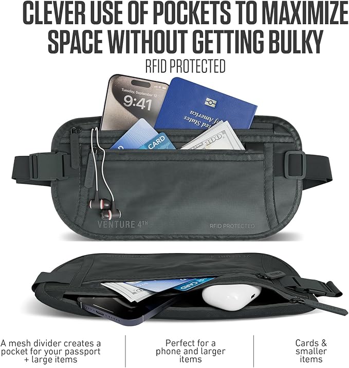 Travel Money Belt, RFID Blocking for Men & Women - Ideal for Keeping Your Cash, Credit Card, Passport, Phone Safe When Traveling (Sleek Gray)