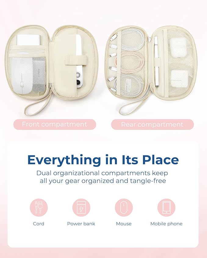 BAGSMART Travel Cord Organizer Electronics Case, Double Layers Puffer Cable Organizer Bag Travel Essentials for Women, Tech Organizer Case for Charger, Phone, Flash Drive - Beige