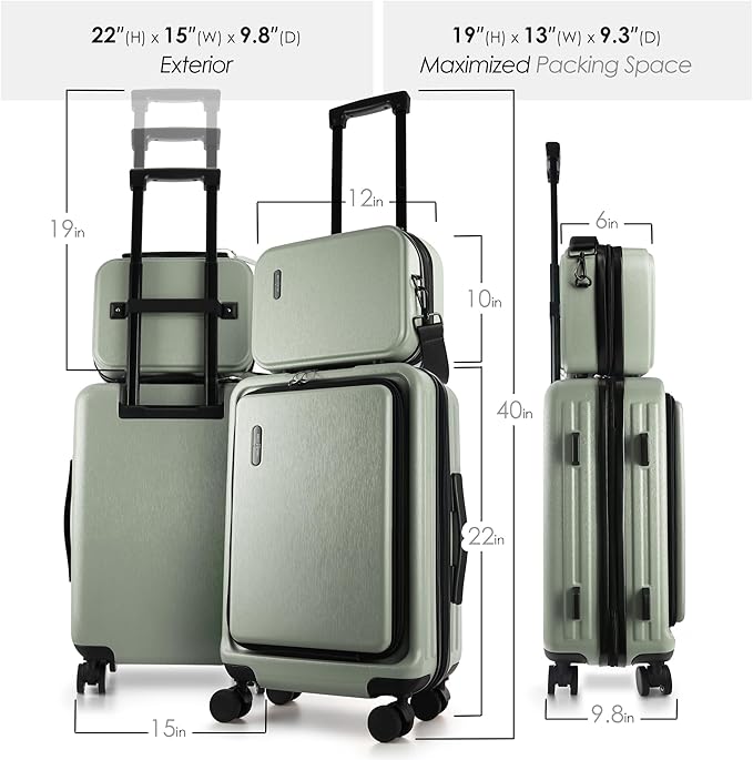 TravelArim 22 Inch Carry On Luggage 22x14x9 Airline Approved, Small Carry On Suitcase, Hard-shell Carry-on Luggage with Wheels, Durable Sage Green Luggage Carry-On with Cosmetic Case and Luggage Scale