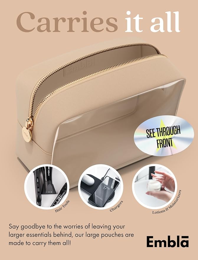 Embla Clear Cosmetic Bag Makeup Case, Clear Zipper Make Up Pouch and Toiletry Travel Tote, Cute Skincare Pouches for Women Girls, Preppy Purse Cosmetic Organizer, Large Makeup Bags, Sand