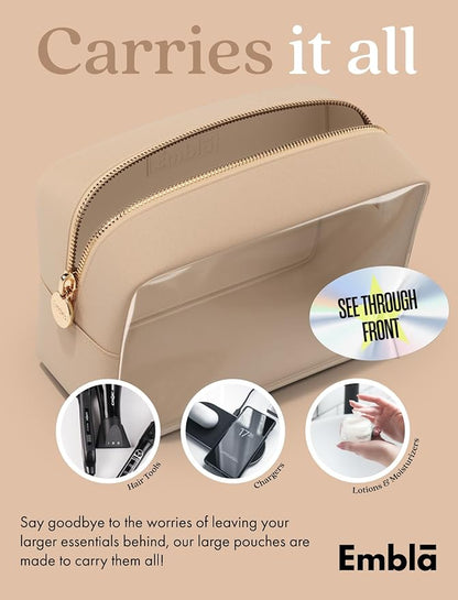 Embla Clear Cosmetic Bag Makeup Case, Clear Zipper Make Up Pouch and Toiletry Travel Tote, Cute Skincare Pouches for Women Girls, Preppy Purse Cosmetic Organizer, Large Makeup Bags, Sand