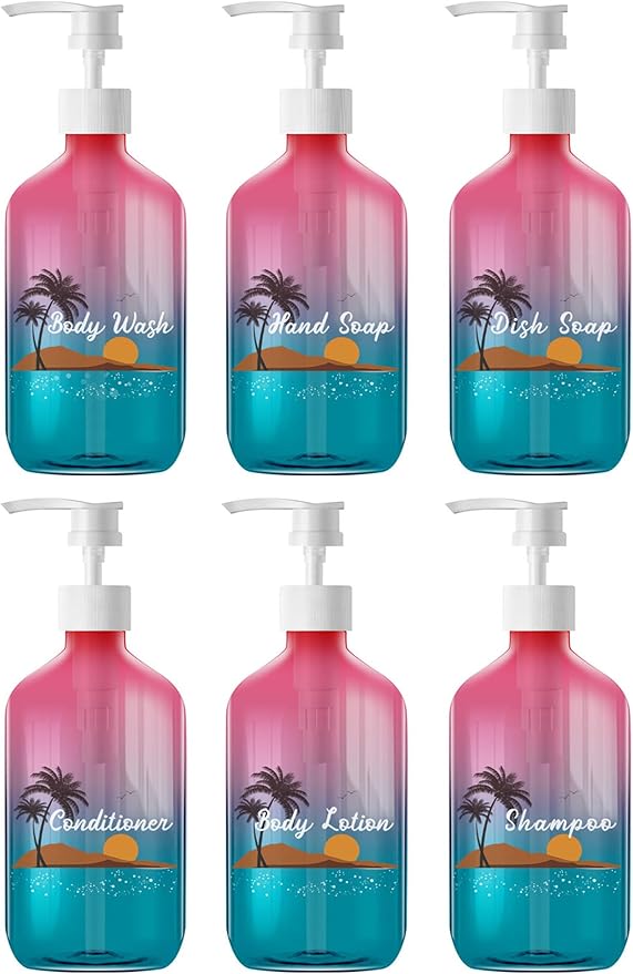 Empty Plastic Gradient Color Bottles with Pump Dispenser and Labels Included, Refillable Travel Containers for Hand sanitizer Shampoo Lotion, etc - No BPA/Parabenf, 500ml/16.9oz (Gradient, 6 Pack)
