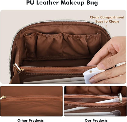 Prite Travel Cosmetic Bag Makeup Organizer Bag For Women Large Capacity Waterproof PU Leather Toiletry Bag with Handle and Clear Divider(Dark Brown)