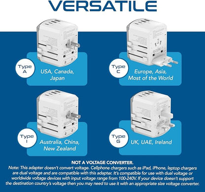 Ceptics Universal Travel Adapter 17.5W, 5 in 1 Universal Laptop Charger with 2X USB-A & USB-C 3.5A for Mobiles, Laptops, Cameras US, UK, EU, AU, All in 1 Type A, C, G, I Output, White
