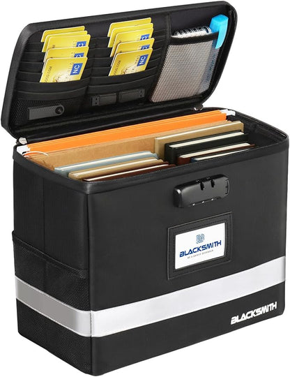 BlackSmith Fireproof Document Box With Lock, 4200°F Heat Resistant & IPX3 Waterproof Document Bag with Hanging File Organizer for Letter Size, Collapsible Portable File Safe Box for Office, Travel
