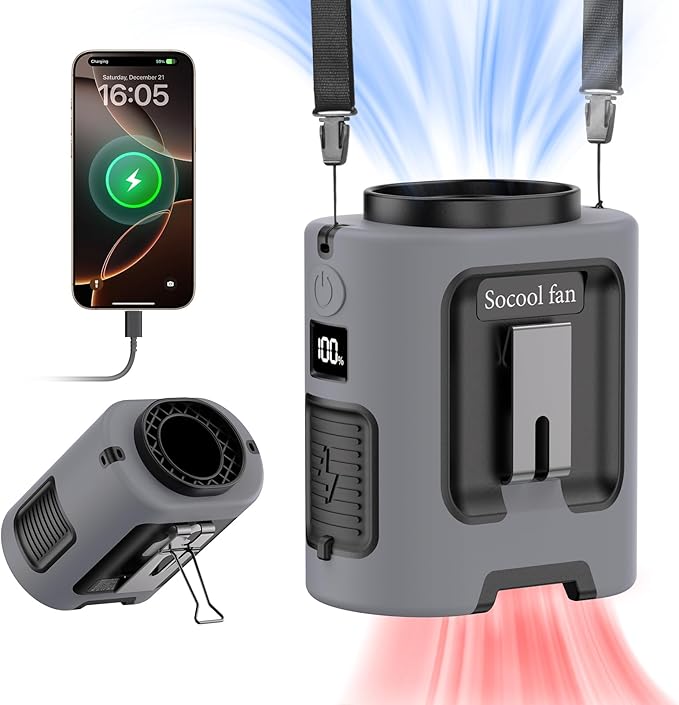 Socool Portable Waist Fan Clip on Wearable Belt 5000mAh Rechargeable Personal Fans, 25H Shirt Fan Cooling, 4 Speeds 13000RPM Battery Operated, Neck Fan Hanging for Outdoor Camping Travel Jobsite