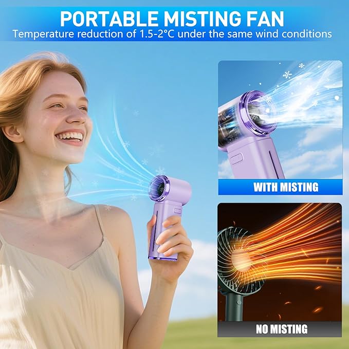 Portable Misting Fan - Mini Handheld Fan - 5000mAh Rechargeable Personal Mister Fans with Digital Display, 1-199 Speeds Adjustable, Birthday Gifts for Women Men Travel/Outdoor/Home/Office (Purple)