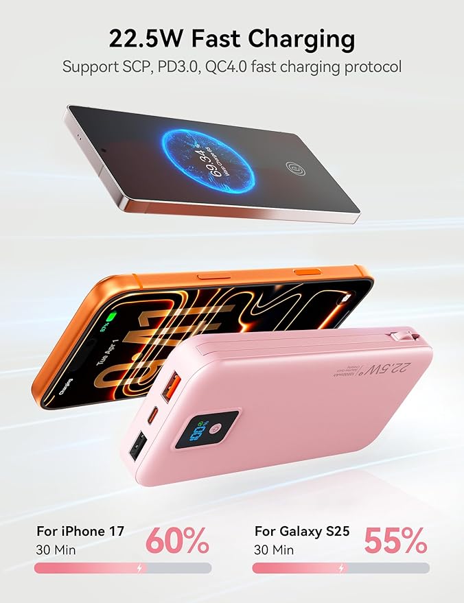 Portable Charger, 12000mAh 22.5W Fast Charging Power Bank with Built-in Cables & Wall Plug, Travel Essentials Battery Pack with LED Display, USB C External Battery Bank for iPhone iPad, Samsung Pink